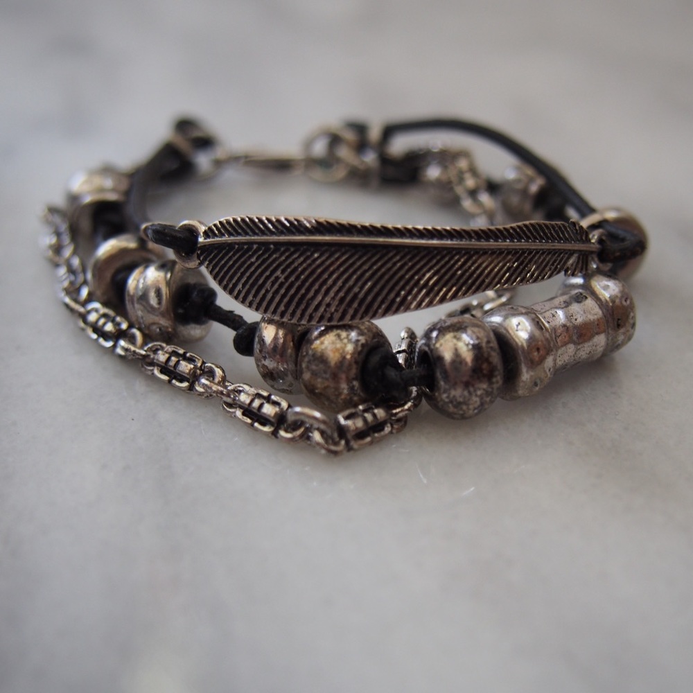 Three strand silver feather bracelet